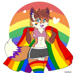 anthro athletic_wear black_bottomwear black_clothing black_shorts blue_eyes bodypaint bottomwear brown_body brown_fur clothing crop_top dipstick_tail dolphin_shorts ear_piercing face_paint femboy flag flag_(object) flag_cape fur gym_bottomwear gym_shorts heart_symbol holding_flag holding_object legwear lgbt_pride looking_at_viewer male markings multicolored_clothing multicolored_legwear multicolored_thigh_highs open_mouth orange_body orange_fur pattern_clothing pattern_legwear pattern_thigh_highs piercing pink_clothing pink_shirt pink_topwear pride_color_flag pride_colors purple_body purple_fur rainbow_clothing rainbow_flag rainbow_legwear rainbow_piercings rainbow_pride_flag rainbow_symbol rainbow_thigh_highs shirt shorts simple_background smile smiling_at_viewer solo standing striped_clothing striped_legwear striped_thigh_highs stripes tail tail_markings thigh_highs topwear white_background white_body white_fur fokkorev lgbt_pride_month mochafox_(itsmochafox) canid canine fox mammal red_fox true_fox absurd_res hi_res