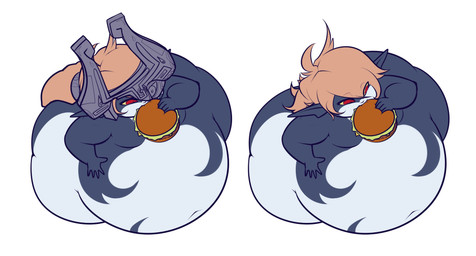 belly big_belly burger clothing female food fused_shadow hair headgear headwear high-angle_view huge_belly obese obese_female orange_hair overweight overweight_female red_eyes simple_background solo thick_thighs white_background princecoffeecakes nintendo the_legend_of_zelda twilight_princess midna humanoid imp twili 2025 hi_res