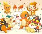 ambiguous_gender group happy open_mouth open_smile smile kemokemono nintendo pokemon charmander chimchar cyndaquil fennekin generation_1_pokemon generation_2_pokemon generation_3_pokemon generation_4_pokemon generation_5_pokemon generation_6_pokemon generation_7_pokemon generation_8_pokemon litten mammal pokemon_(species) primate scorbunny tepig torchic 2019