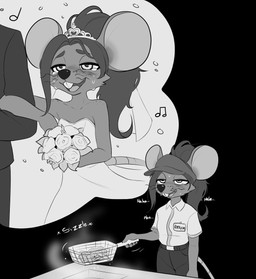 anthro bent_whiskers big_ears big_teeth blush bodily_fluids buckteeth chuckling clothing crown crying dress eye_bags fast_food_uniform female female_focus freckled_shoulders freckles hat headgear headwear imagination lidded_eyes name_tag open_mouth skinny tear_trough tears teeth tiara tuft visor_cap wedding_dress haaru ratricia_(el-k) mammal murid murine rat rodent digital_media_(artwork) greyscale hi_res monochrome