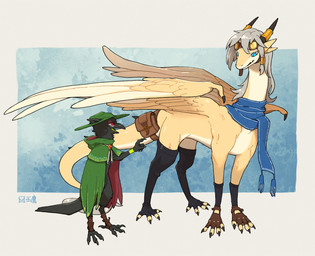 4_toes abstract_background accessory ambiguous_gender anisodactyl anthro bag beak biped black_body black_feathers blue_background blue_eyes blue_scarf border claws cloak clothing countershade_torso countershading digitigrade duo eyewear eyewear_on_head feathered_wings feathers feet feral finger_claws fingerless_gloves footwear furgonomics gloves goggles goggles_on_head green_cloak green_clothing green_hat green_headwear grey_hair hair half-closed_eyes handwear hat headgear headwear long_feathers long_neck long_tail looking_at_another narrowed_eyes pupils quadruped red_eyes scarf simple_background slit_pupils snout socks tail tail_accessory tail_bag tail_feathers toe_claws toeless_footwear toeless_socks toes white_border wings yellow_body yellow_feathers hydrowing mythology bai_ling mo_hui avian bird corvid corvus_(genus) dragon mythological_creature mythological_scalie oscine passerine raven scalie shaded signature