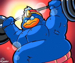 anthro barbell belly belly_tuft blue_body bodily_fluids crown exercise headgear king male musclegut muscular pecs royalty shirtless solo sweat tuft weightlifting workout dededaio kirby_(series) nintendo king_dedede avian bird penguin