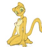 anthro areola breasts female fur kneeling looking_at_viewer nipples nude simple_background smile solo white_background yellow_body yellow_fur yellow_sclera filthypally microsoft prequel_adventure the_elder_scrolls katia_managan felid feline khajiit mammal guide_lines hi_res sketch