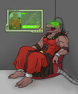 anthro biceps bodily_fluids bound chain chained chair claws clothing drooling eyewear feet furniture goggles grey_background hypnosis male mind_control muscular muscular_anthro muscular_male pecs red_eyes saliva screen simple_background solo tongue tongue_out uchihadems tower_of_god rak_wraithraiser mammal reptile scalie 5:6