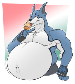anthro blue_body blue_fur dessert eating food fur ice_cream male musclegut muscular muscular_arms muscular_male overweight overweight_male pointy_ears red_eyes solo tongue tongue_out white_body white_fur eggo21 power_rangers doggie_kruger canid canine canis domestic_dog mammal absurd_res hi_res
