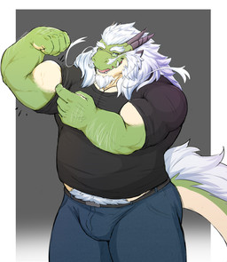 anthro arm_hair beard belly belt biceps biped black_clothing black_shirt black_topwear body_hair bottomwear clothing denim denim_bottomwear denim_clothing eyebrows eyewear facial_hair flexing flexing_bicep glasses gradient_background green_body grey_hair hair happy_trail head_tuft horn jeans male musclegut muscular muscular_anthro muscular_male overweight overweight_anthro overweight_male pants shirt simple_background solo tail tail_tuft toothy_smile topwear tuft radonryu mythology raddy dragon eastern_dragon mythological_creature mythological_scalie scalie absurd_res hi_res