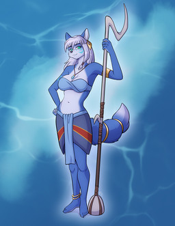 5_fingers 5_toes anthro barefoot blue_body blue_fur bottomwear claws clothed clothed_anthro clothed_female clothing cosplay crossover_cosplay feet female finger_claws fingers fur hair humanoid_feet humanoid_hands jewelry melee_weapon multicolored_body multicolored_fur navel necklace plantigrade polearm skirt smile solo spear toe_claws toes two_tone_body two_tone_fur water weapon white_body white_fur white_hair conditional_dnp kadath atlantis:_the_lost_empire nintendo star_fox kida_nedakh krystal_(star_fox) canid canine fox mammal 2025 crossover hi_res