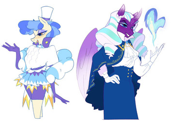 anthro armwear blue_eyes blue_eyeshadow clothing duo elbow_gloves eyeshadow female gloves handwear hat headgear headwear horn magic makeup purple_eyeshadow simple_background top_hat white_background wings aztrial friendship_is_magic hasbro mlp_g5 my_little_pony mythology opaline_(mlp) sapphire_shores_(mlp) earth_pony equid equine horse mammal mythological_creature mythological_equine pony winged_unicorn