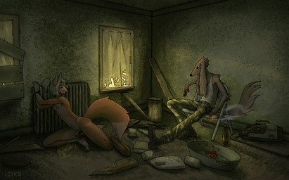 abandoned_building anthro blood bodily_fluids bound breasts camo camo_clothing camo_print castration cigarette clothing cock_and_ball_torture dim_lighting duo exposed_testicle femboy forced_castration genital_fluids genital_mutilation genital_torture gore hands_tied hostage kidnapping long_ears male mutilation nude_male pattern_clothing peeing scared small_breasts trash urine iziks iziks_(character) waitson canid canine canis domestic_dog fox mammal hi_res