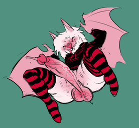 albino anthro balls bat_wings big_penis black_sclera blush bodily_fluids bottomless clothed clothing footwear genital_fluids genitals gynomorph hoodie huge_penis intersex legwear membrane_(anatomy) membranous_wings pattern_clothing pattern_footwear pattern_legwear pattern_socks penis precum socks solo striped_clothing striped_footwear striped_socks stripes thigh_highs topwear vein wings harlequinkiller bela_(harlequinkiller) bat leaf-nosed_bat mammal microbat vampire_bat yangochiropteran