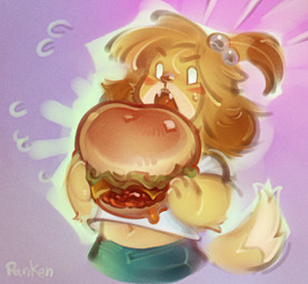 accessory anthro blonde_hair blush bodily_fluids bottomwear burger clothing dipstick_tail eating eating_food fangs female floppy_ears flying_sweatdrops food fur green_bottomwear green_clothing hair hair_accessory hair_tie holding_food holding_object markings navel open_mouth pink_background ponytail shirt simple_background solo standing sweat sweatdrop tail tail_markings teeth text topwear white_clothing white_shirt white_topwear yellow_body yellow_fur panken animal_crossing nintendo isabelle_(animal_crossing) canid canine canis domestic_dog mammal 2023 artist_name icon signature