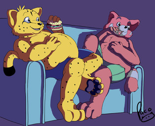 anthro blue_bottomwear blue_clothing blue_shorts bottomwear burger clothed clothing duo eating eating_food facial_spots food fur furniture glistening glistening_eyes holding_burger holding_food holding_object holding_pizza logo male on_sofa open_mouth open_smile overweight overweight_anthro overweight_male pawpads pizza purple_background reclining red_body red_fur shorts simple_background smile sofa spotted_arms spotted_face spotted_legs topless yellow_body yellow_fur pandapaco ailurid felid mammal red_panda artist_logo signature