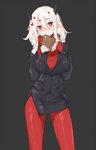 blush bottomwear clothed clothing female fully_clothed hair heart_eyes heart_symbol horn humanoid_pointy_ears not_furry pants pointy_ears simple_background skirt solo sweater topwear white_hair inniyik helltaker modeus_(helltaker) demon demon_humanoid humanoid 2020 hi_res