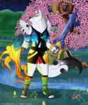 anthro anthrofied clothed clothing detailed_background female fire forest fully_clothed fur nature night outside plant silk sky solo star starry_sky tree water white_body white_fur fuzzycoma capcom clover_studio okami_(capcom) amaterasu_(okami) reesa canid canine canis deity mammal spirit wolf 5:6 absurd_res hi_res