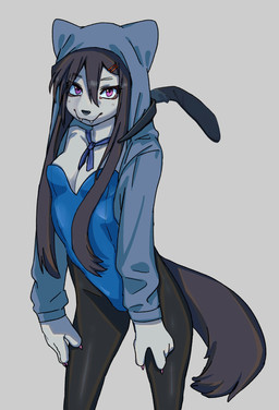 4_fingers accessory anthro arched_back black_clothing black_hair black_legwear black_nose black_tail blue_clothing blue_leotard blue_ribbon breasts bunny_costume claws cleavage clothed clothed_anthro clothed_female clothing costume eyelashes eyelashes_through_hair fake_ears fake_rabbit_ears fangs female female_anthro finger_claws fingers fluffy fluffy_tail fully_clothed fur grey_background hair hair_accessory hair_between_eyes hairclip hands_on_legs hands_on_own_legs hands_on_own_thighs hands_on_thighs happy head_turned hood_up hoodie kemono leaning leaning_forward legwear leotard long_hair looking_at_viewer neck_ribbon pantyhose pink_claws pink_eyes pose simple_background small_breasts smile smiling_at_viewer solo standing tail teeth three-quarter_view topwear translucent translucent_hair white_body white_fur wanda_yu okami-san_(wanda_yu) canid canine canis mammal wolf 2024 digital_media_(artwork) hi_res portrait three-quarter_portrait