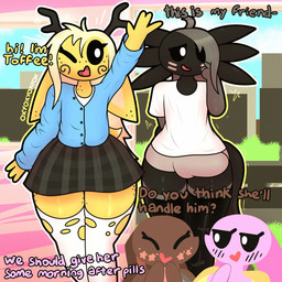 4_fingers ahoge ambiguous_gender anthro bangs biped black_body black_sclera blonde_hair blue_clothing bottomwear brown_body bulge clothed clothing dialogue emanata eyelashes eyes_closed facial_markings femboy fingers floppy_ears footwear freckles front_view fully_clothed grey_hair group hair head_markings heart_mouth horn looking_at_another lop_ears male markings monotone_body one_eye_closed one_eye_obstructed open_mouth open_smile outline pink_body skirt smile socks standing tail text thick_thighs topwear white_clothing white_eyes wide_hips yellow_body oxyoxyoxyox cinnamon_(oxyoxyoxyox) licorice_(oxyoxyoxyox) marshmallow_(oxyoxyoxyox) toffee_(oxyoxyoxyox) amphibian aquatic axolotl deer lagomorph leporid mammal mole_salamander rabbit salamander 1:1 2024 artist_name digital_drawing_(artwork) digital_media_(artwork) english_text hi_res