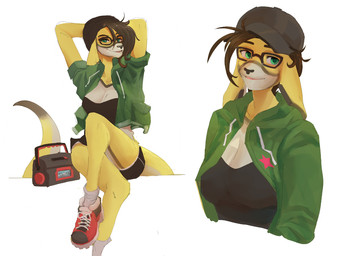 anthro beanie breasts clothing electronics female footwear green_clothing green_hoodie green_topwear hand_behind_head hat headgear headwear hoodie looking_at_viewer portable_music_player shoes simple_background sitting smile socks solo tail topwear white_background yellow_body corablue mammal species_request 2026 digital_media_(artwork)