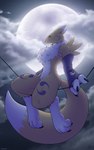 3_fingers 3_toes anthro armwear blue_eyes claws clothing cloud feet female fingers fur moon neck_tuft night outside sky solo tail thick_thighs toes tuft white_body white_fur wire yellow_body yellow_fur corrsk bandai_namco digimon canid canine digimon_(species) mammal renamon 5:8 hi_res