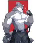 abs anthro biceps bottomwear clothed clothing fist fur male muscular muscular_anthro muscular_male navel pecs simple_background solo topless ixkouu canid canine canis mammal wolf 2020 hi_res