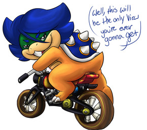 anthro biped blue_hair butt claws hair looking_at_viewer looking_back male motorcycle nude raised_tail shell simple_background sitting solo tail teeth text vehicle white_background young young_anthro ketaimesu mario_bros mario_kart nintendo koopaling ludwig_von_koopa koopa scalie english_text source_request