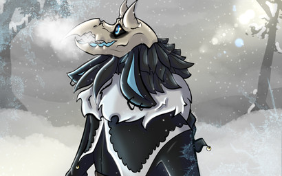 anthro bone clothing coat fantasy feather_hair feathers floppy_ears fluffy horn male pseudo_hair skull skull_head snow solo topwear winter grimeire american_mythology indigenous_north_american_mythology mythology north_american_mythology avian bird demon hybrid wendigo 16:10 character_request hi_res widescreen