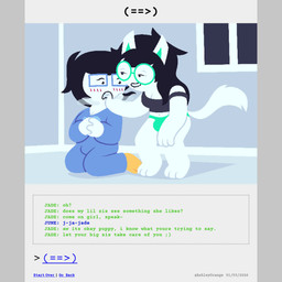 anthro bdsm bite biting_lip black_hair blush blush_lines breath breathing buckteeth bulge clothed clothing comic_panel crop_top dialogue duo eyewear footwear fur glasses gynomorph gynomorph/gynomorph hair intersex intersex/intersex long_hair onesie pajamas panties panting pantsless petplay pointy_ears prick_ears puppyplay roleplay shirt short_hair socks tail tail_motion tailwag teeth text topwear underwear white_body white_fur ashleyorange homestuck ms_paint_adventures jade_harley june_egbert canid canine human hybrid mammal 1:1 animated animated_comic comic english_text hi_res incest_(lore) sibling_(lore) sister_(lore) sisters_(lore) trans_(lore) trans_woman_(lore)