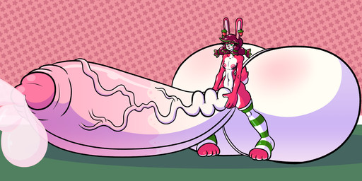 anthro balls big_balls big_penis blush bodily_fluids clothing colored_cum countershading cum ear_piercing ear_ring ejaculation eyelashes femboy fur genital_fluids genitals glans green_eyes hair hand_on_penis highlights_(coloring) huge_balls huge_penis humanoid_genitalia humanoid_penis hyper hyper_balls hyper_genitalia hyper_penis legwear male masturbation nipples pattern_background pattern_clothing pattern_legwear pattern_stockings penis piercing pink_body pink_cum pink_fur pink_hair pink_nipples puffy_nipples ring_piercing simple_background solo stockings striped_clothing striped_legwear striped_stockings stripes unusual_bodily_fluids unusual_cum unusual_genital_fluids whiskers white_body white_countershading sprucy lagomorph mammal hi_res