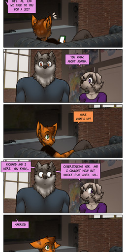 anthro dialogue female group male text trio james_howard patreon alphonse_(james_howard) jill_(james_howard) richard_(james_howard) canid canine canis domestic_cat domestic_dog felid feline felis mammal wolf absurd_res comic english_text hi_res url