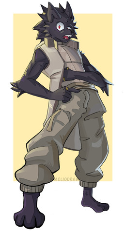 anthro black_body black_fur clothed clothing fully_clothed fur male male/male red_eyes simple_background solo text melioodraw i_think_i_like_you leon_(i_think_i_like_you) canid canine canis mammal wolf absurd_res digital_media_(artwork) hi_res