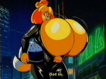 anthro armor big_breasts breasts female headgear helmet huge_breasts hyper latex looking_at_viewer night sky solo tail text lueduar animal_crossing nintendo isabelle_(animal_crossing) 2025 4:3