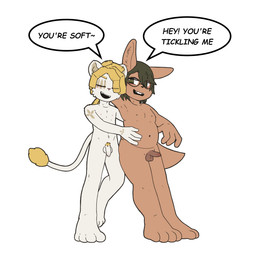 4_fingers 4_toes anthro balls blonde_hair blonde_pubes brown_body brown_fur dark_hair dark_nipples dark_nose darkened_balls darkened_genitalia darkened_penis dialogue dreadlocks duo eyes_closed eyewear fangs feet fingers foreskin fur fur_markings genitals glasses hair hand_on_belly holding_belly humanoid_genitalia humanoid_penis looking_at_another looking_at_partner male male/male markings navel nipples nude open_mouth pawpads paws penis pink_nipples pink_nose pubes simple_background tail teeth text toes unretracted_foreskin wearing_glasses white_background white_body white_fur yellow_tail young young_anthro young_male zar3k zarek_god_of_youth_(zar3k) canid canine felid fox hybrid lagomorph leporid lion mammal pantherine rabbit 1:1 2026 digital_media_(artwork) english_text flat_colors hi_res