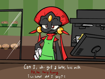 annoyed anthro apron apron_only black_body black_fur claws clothing color_coded color_coded_text computer cross-popping_vein dessert dialogue doughnut electronics eyelashes female food fur green_apron green_clothing hand_on_hip mostly_nude muffin pastry red_eyes red_text solo store stuttering text white_text pencil-arts i_mean_breast_milk nintendo pokemon carmine_(pencil-arts) fan_character generation_4_pokemon pokemon_(species) weavile 4:3 english_text hi_res meme