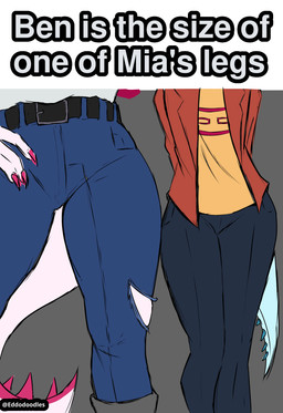 anthro belt belt_buckle blue_body boots bottomwear buckle claws clothing denim denim_bottomwear denim_clothing dominant dominant_female duo female footwear jeans larger_female male pants pink_body shoes size_difference smaller_male spiked_tail spikes spikes_(anatomy) submissive submissive_male tail eddodoodle cavemanon_studios i_wani_hug_that_gator benjamin_mcknight mia_moretti dinosaur hadrosaurid ornithischian ornithopod parasaurolophus prehistoric_species reptile scalie hi_res
