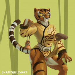 anthro assisted_exposure clothed clothing clothing_lift flaccid genitals gynomorph intersex muscular muscular_gynomorph muscular_intersex no_underwear outside penis solo surprised training sharpwillowart dreamworks kung_fu_panda master_tigress felid mammal pantherine tiger hi_res