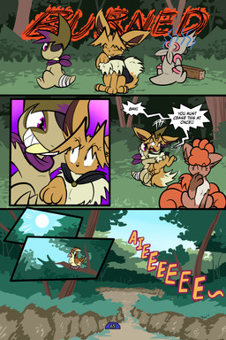6_panel_comic ambiguous_gender angry bandage beak biped black_cape black_clothing black_eyes black_nose black_text branch brown_body brown_fur brown_hair cape clenched_teeth clothing day dialogue exclamation_point eye_patch eyebrows eyelashes eyes_closed eyewear feathers feet feral fluffy fluffy_tail forest fur group hair happy hug hugging_another looking_at_another looking_back motion_lines multi_tail neck_tuft on_ground open_mouth open_smile outside page_number paws plant pupils purple_eyes purple_scarf quadruped scarf sharp_teeth sitting sky smile speech_bubble standing sun tail tail_feathers talking_to_another talons teeth text toes tongue toony tree tuft white_sclera wings virmir nintendo pokemon pokemon_mystery_dungeon spike_chunsoft virmir_(character) zinc_(zincxiron) avian axew eevee generation_1_pokemon generation_5_pokemon pidgey pokemon_(species) timburr vulpix 2025 2:3 absurd_res comic english_text hi_res