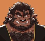 beard black_nose body_hair brown_body brown_fur brown_hair chest_hair clothing eyebrows facial_hair fur grin hair humanoid_pointy_ears looking_at_viewer male pointy_ears simple_background smile solo thick_eyebrows topwear tusks vest yellow_eyes bearwivme gaur_(gaurbeast) bugbear humanoid 2020