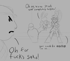 anthro armor big_breasts big_butt breasts butt cement clothing female group hair hard_hat hat headgear headwear helmet humor long_hair male presenting presenting_hindquarters profanity road scut_tail short_tail tail teasing teasing_with_butt text trio 4chan_anon bob_the_builder_(series) elf human humanoid lagomorph leporid mammal rabbit black_and_white english_text meme monochrome sketch