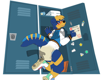 ageplay anthro blue_body blue_clothing blue_fur blue_hair blue_tail blue_topwear blush bodily_fluids clothed clothing diaper diaper_check disembodied_hand fur genital_fluids glistening glistening_eyes group hair infantilism leaking_diaper locker looking_at_viewer male male_anthro markings pacifier red_eyes roleplay short_hair solo_focus standing striped_markings striped_tail stripes tail tail_markings topwear unclean_diaper urine used_diaper wearing_diaper wet_diaper white_clothing white_diaper white_topwear yellow_body yellow_fur yellow_tail hardscales canid canine mammal hi_res