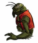 anthro claws clothed clothing green_body male partially_clothed simple_background solo spikes tentacles topwear vest white_background yellow_eyes roger98 district_9 christopher_johnson alien prawn_(district_9) hi_res