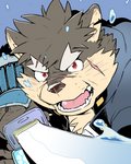 anthro biped clothed clothing fur male melee_weapon multicolored_body multicolored_fur scar simple_background solo sword teeth two_tone_body two_tone_fur weapon kira_nerisu lifewonders tokyo_afterschool_summoners moritaka_(tas) canid canine canis domestic_dog mammal 2017 portrait