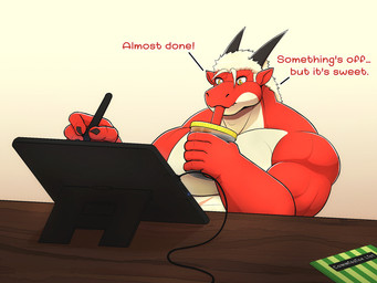 anthro beverage bubble_tea container cup dialogue drawing_tablet drinking drinking_straw male multicolored_body red_body simple_background solo tan_body text primodrago mythology roar_(primodrago) dragon mythological_creature mythological_scalie scalie 2026 4:3 english_text hi_res