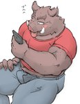 anthro bottomwear brown_body bulge cellphone clothing electronics humanoid_hands kemono male oink oinking overweight overweight_male pants phone shirt simple_background sitting smartphone solo text tongue tongue_out topwear white_background meg_hoi mammal suid suina sus_(pig) wild_boar 2021 japanese_text translated