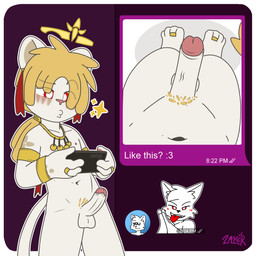 4_fingers 4_toes adolescent anthro balls barefoot blonde_hair blonde_pubes blush bracelet chat collar devious_grin digit_ring electronics emoji erection eyebrows facial_markings fangs feet fingers fur genital_shot genitals gold_(metal) hair halo head_markings holding_object holding_phone humanoid_genitalia jewelry male male_anthro markings navel nipples nude paws penis penis_shot phone photo piercing pink_nipples pink_nose pose pubes raised_eyebrow red_eyes ring sexting shota solo sparks sticker teeth text texting toe_ring toes tongue tongue_out vein white_body white_fur young young_anthro young_male zar3k telegram zarek_god_of_youth_(zar3k) deity felid lion mammal pantherine 1:1 2025 absurd_res digital_media_(artwork) flat_colors hi_res