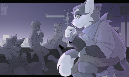 4_fingers accessory anthro beverage clothed clothed_anthro clothed_male clothing detailed_background fingers fully_clothed fully_clothed_anthro fully_clothed_male fur group hair male necktie outside scarf shirt sitting smile t-shirt tail topwear whiskers brokesgone milo_(brokesgone) travis_(brokesgone) domestic_cat felid feline felis mammal 2024 digital_drawing_(artwork) digital_media_(artwork) hi_res