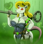 accessory alternate_species anthro armband belt big_breasts black_nose blonde_hair bracelet breasts buckteeth clothing dress ear_piercing ear_ring female fur gold_(metal) gold_jewelry green_background hair heart_symbol holding_object holding_weapon hoop_ear_ring jewelry knife long_hair looking_at_viewer man_catcher melee_weapon necklace piercing pouches rat_tail red_eyes red_sclera ring_piercing simple_background solo tail teeth warpstone weapon white_body white_fur quicktron animaniacs warhammer_(franchise) warhammer_fantasy warner_brothers minerva_mink mammal monster murid murine rat rodent skaven