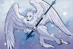 anthro black_claws claws fur heterochromia male melee_weapon polearm sky solo spear weapon white_body white_fur wings kolkolukija canid canine canis domestic_dog husky mammal nordic_sled_dog spitz absurd_res full-length_portrait hi_res portrait