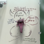 ambiguous_gender bathroom beckoning bodily_fluids dangs dialogue drooling fangs gaping_mouth gesture glory_hole lips long_tongue not_furry open_mouth saliva solo teeth text tongue plasmidhentai demon 1:1 alternate_version_at_source english_text