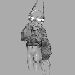 antennae_(anatomy) clothing eyewear facial_markings glasses head_markings legwear looking_at_viewer markings navel simple_background standing wearing_glasses xiumao rain_world videocult five_pebbles_(rain_world) iterator_(rain_world) 1:1 monochrome