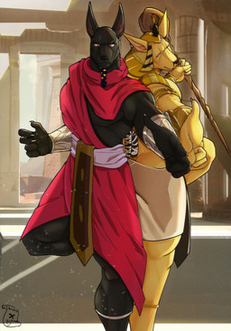 anthro black_body black_fur clothing duo egyptian egyptian_clothing egyptian_headdress fur male nemes red_eyes robe staff yellow_body yellow_fur blazar hasbro magic:_the_gathering wizards_of_the_coast anubian_jackal canid canine canis jackal khenra_(species) mammal absurd_res hi_res brother_(lore) brothers_(lore) sibling_(lore) twins_(lore)