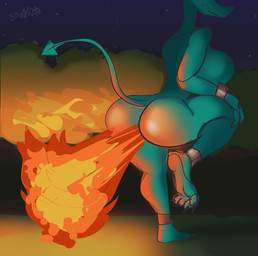 anklet anthro big_breasts big_butt breasts butt claws cuff_bracelet elemental_manipulation fart fart_fetish featureless_breasts feet female fire fire_fart fire_manipulation green_body hand_on_leg jewelry light night non-mammal_breasts nude obscured_eyes on_one_leg outside plant raised_leg soles solo spade_tail standing tail toe_claws toes tree bawko european_mythology mythology tifir_(bawko) dragon mythological_creature mythological_scalie scalie western_dragon 2023 digital_drawing_(artwork) digital_media_(artwork) hi_res signature